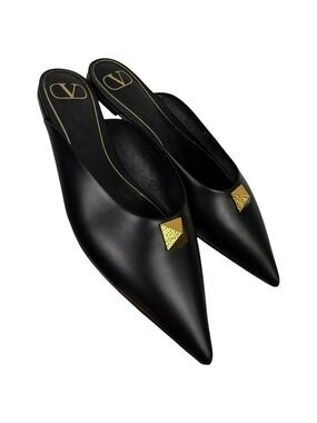 Valentino Black Leather One Stud Pointed Toe Mules